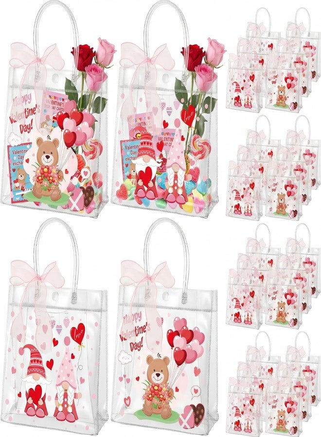 Henoyso 24 Pcs Valentines Clear Gift Bags Plastic Pink Candy Goodie Treat Bag Valentines Day Party PVC Totes with Handles Ribbon Galentines Day Party Favors, 7.8 x 7.8 x 3.1 Inches - Image 1